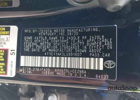 2020 Toyota Camry Le z USA, uszkodzony, nr VIN 4T1C11AK3LU991607